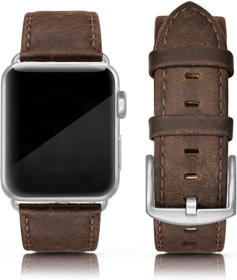 EDIMENS Leather Bands Compatible with Apple Watch 42mm 44mm, Genuine Leather Vintage Strap Classic Buckle Compatible with Apple iWatch Series 5/4/3/2/1, Sports&Edition Men & women,Retro Brown Silver - Image 1